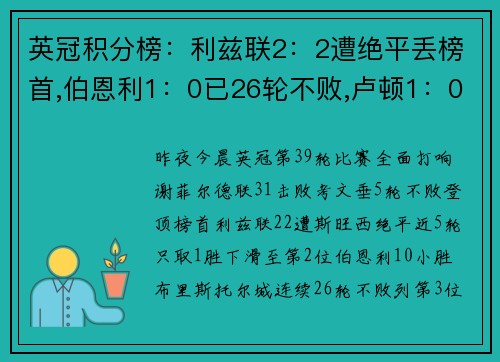 英冠积分榜：利兹联2：2遭绝平丢榜首,伯恩利1：0已26轮不败,卢顿1：0
