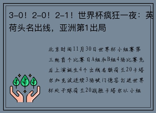 3-0！2-0！2-1！世界杯疯狂一夜：英荷头名出线，亚洲第1出局
