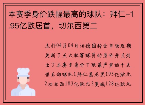 本赛季身价跌幅最高的球队：拜仁-1.95亿欧居首，切尔西第二