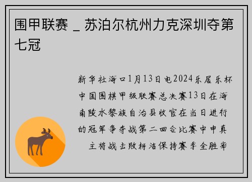 围甲联赛 _ 苏泊尔杭州力克深圳夺第七冠